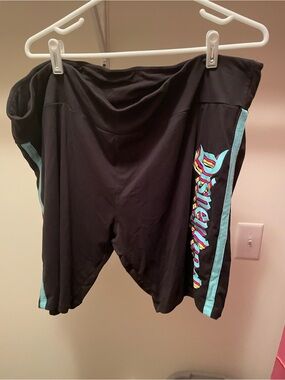 Disneyland Black Shorts with Teal Panels and Multicolor Script